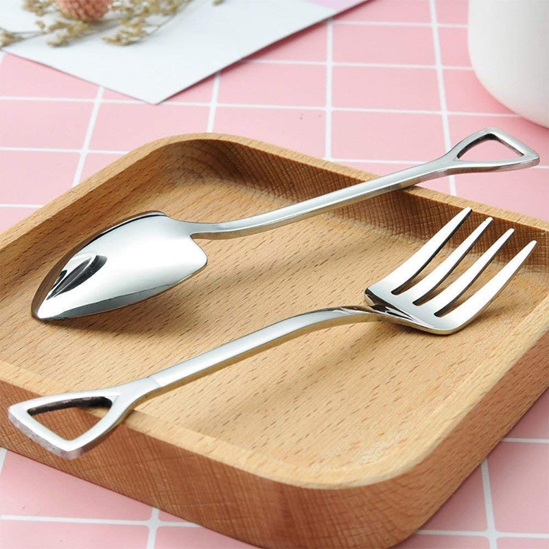 Comicfs Comicf 10 Pcs 4.7 Inches Coffee Spoon Fork, Silver Shovel Shape Dessert Coffee Small Spoon Cocktail Picks Fruit Fork Flatware, Stainless Steel Tea Spoons Set (5 Spoons 5 Forks, Silver) - Image 4